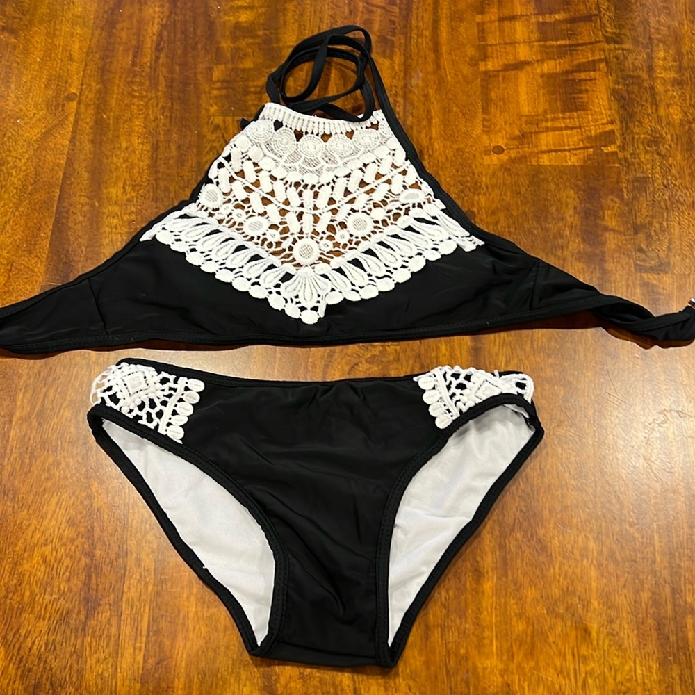 Black white lace bikini womens small halter 4 6 swim